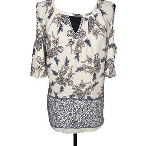 NY Intrusion Paisley Boho Blouse | 1X Ivory Blue Cold Shoulder Top-READ